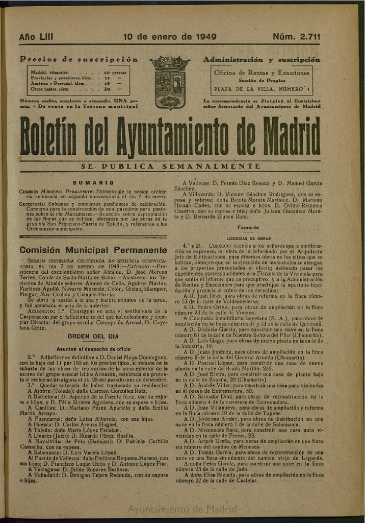 Miniatura de Boletín Oficial del Ayuntamiento de Madrid del 10 de enero de 1949, nº 2711