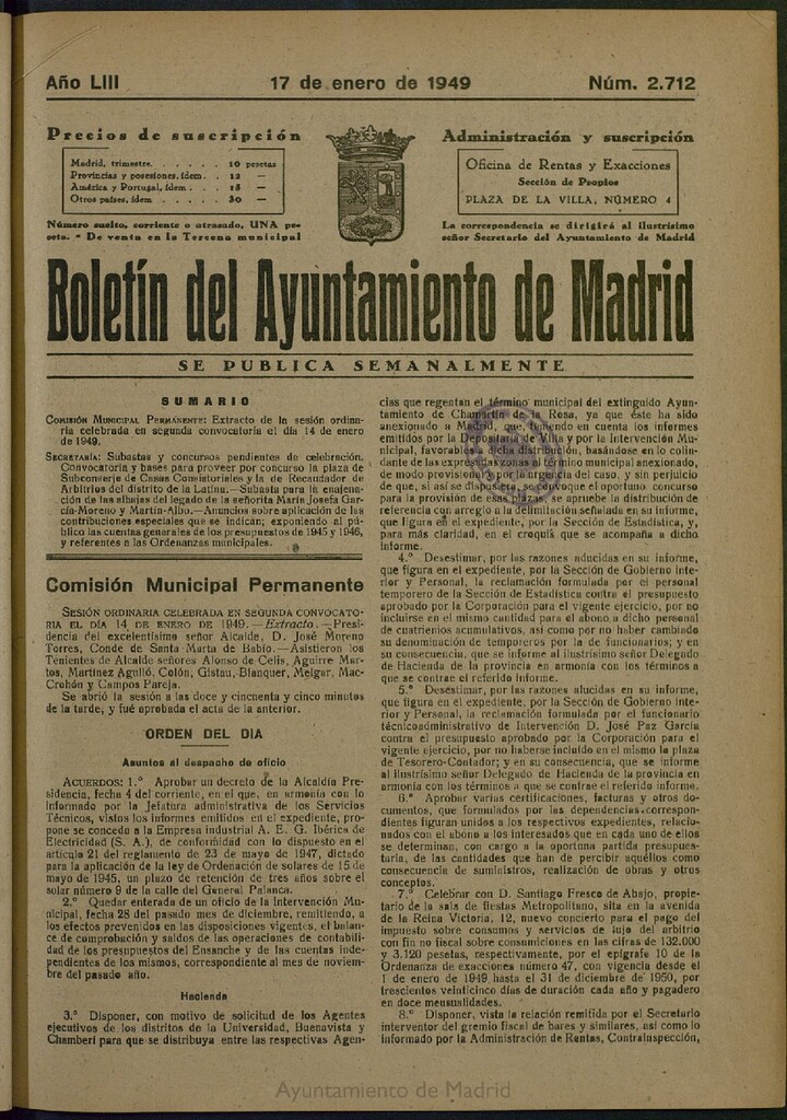 Miniatura de Boletín Oficial del Ayuntamiento de Madrid del 17 de enero de 1949, nº 2712
