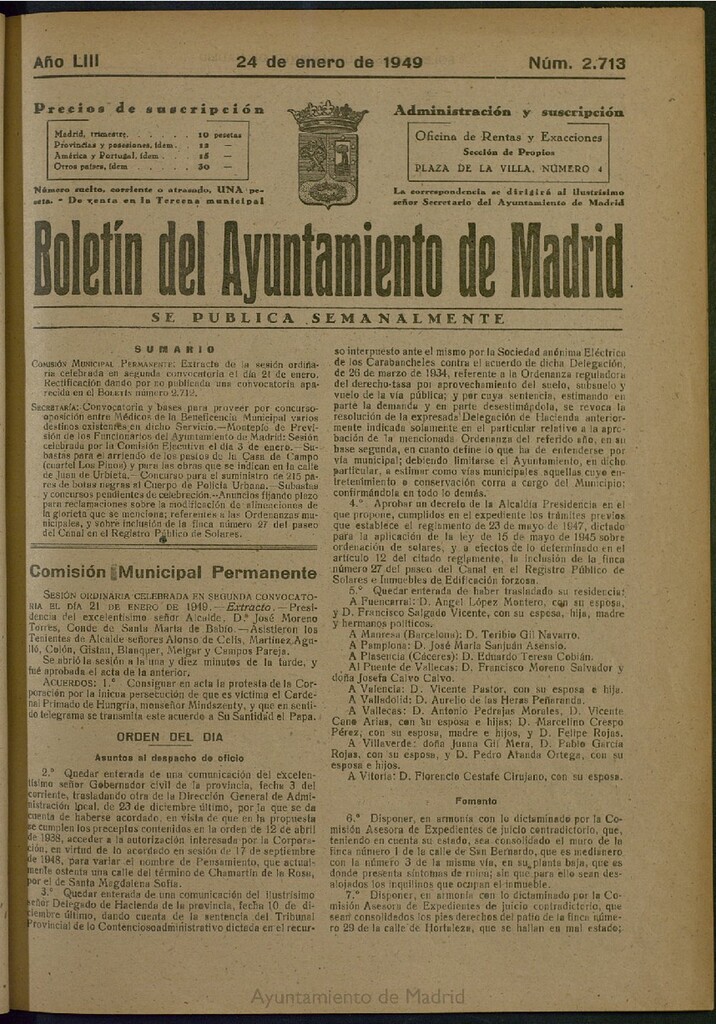 Miniatura de Boletín Oficial del Ayuntamiento de Madrid del 24 de enero de 1949, nº 2713