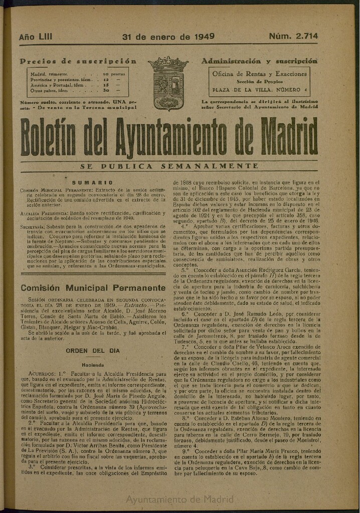 Miniatura de Boletín Oficial del Ayuntamiento de Madrid del 31 de enero de 1949, nº 2714