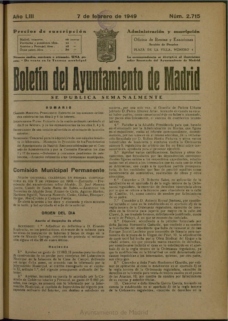 Miniatura de Boletín Oficial del Ayuntamiento de Madrid del 7 de febrero de 1949, nº 2715