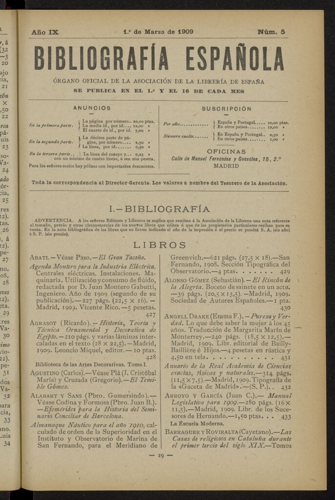 Miniatura de Bibliografía Española del 1 de marzo de 1909