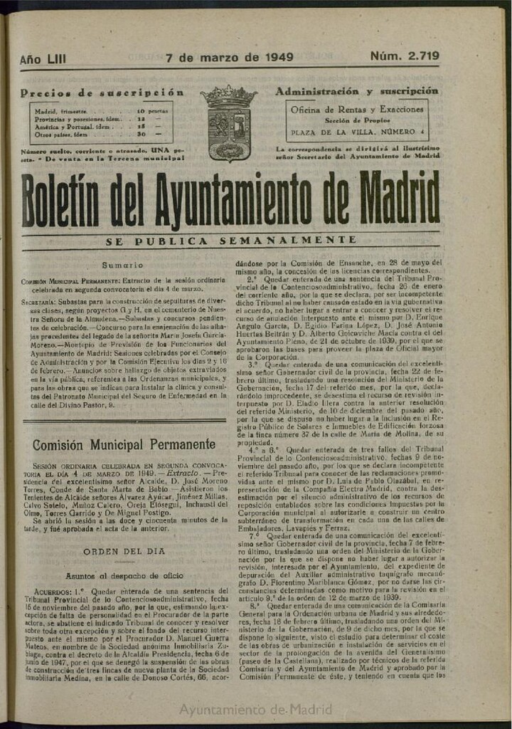 Miniatura de Boletín Oficial del Ayuntamiento de Madrid del 7 de marzo de 1949, nº 2719