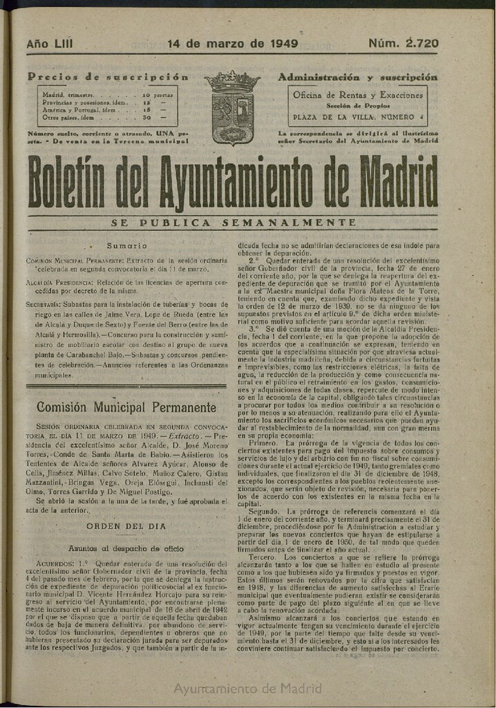 Miniatura de Boletín Oficial del Ayuntamiento de Madrid del 14 de marzo de 1949, nº 2720