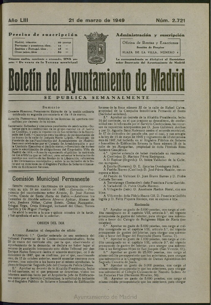 Miniatura de Boletín Oficial del Ayuntamiento de Madrid del 21 de marzo de 1949, nº 2721