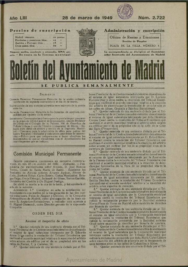 Miniatura de Boletín Oficial del Ayuntamiento de Madrid del 28 de marzo de 1949, nº 2722