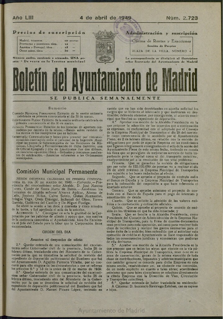 Miniatura de Boletín Oficial del Ayuntamiento de Madrid del 4 de abril de 1949, nº 2723