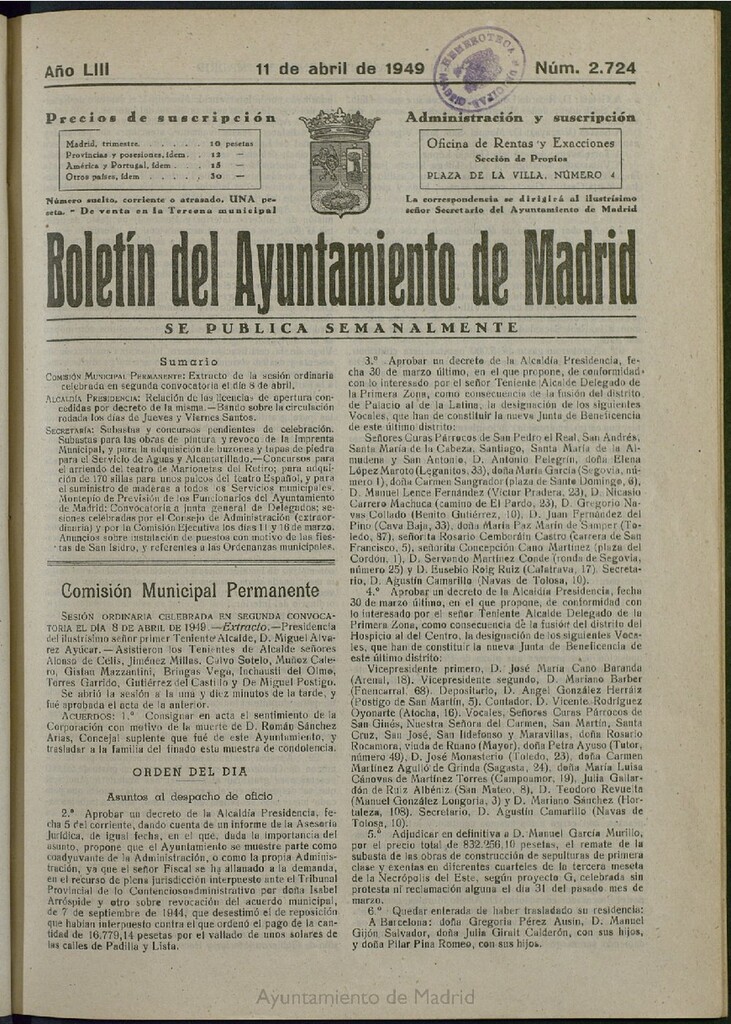 Miniatura de Boletín Oficial del Ayuntamiento de Madrid del 11 de abril de 1949, nº 2724