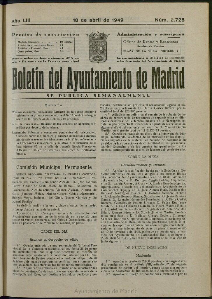 Miniatura de Boletín Oficial del Ayuntamiento de Madrid del 18 de abril de 1949, nº 2725