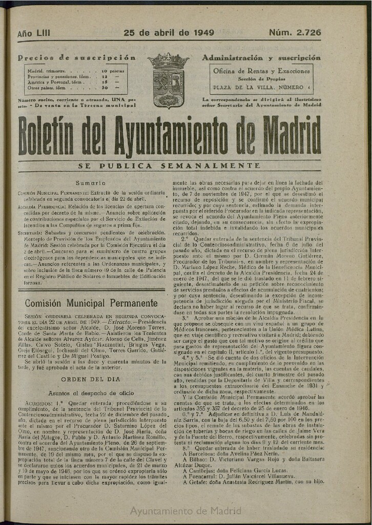 Miniatura de Boletín Oficial del Ayuntamiento de Madrid del 25 de abril de 1949, nº 2726