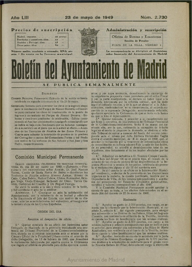 Miniatura de Boletín Oficial del Ayuntamiento de Madrid del 23 de mayo de 1949, nº 2730