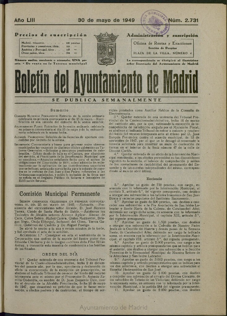 Miniatura de Boletín Oficial del Ayuntamiento de Madrid del 30 de mayo de 1949, nº 2731