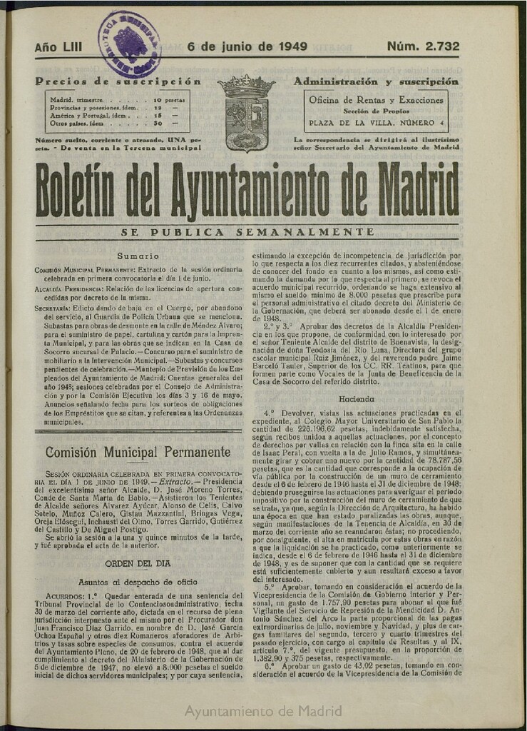 Miniatura de Boletín Oficial del Ayuntamiento de Madrid del 6 de junio de 1949, nº 2732