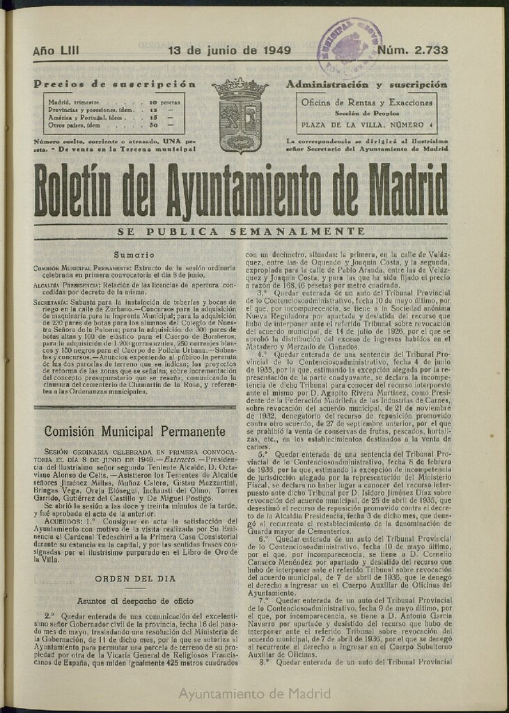 Miniatura de Boletín Oficial del Ayuntamiento de Madrid del 13 de junio de 1949, nº 2733