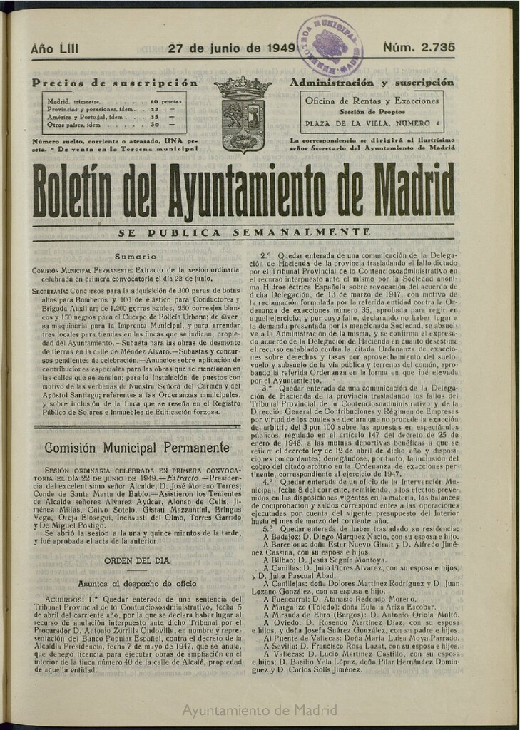 Miniatura de Boletín Oficial del Ayuntamiento de Madrid del 27 de junio de 1949, nº 2735