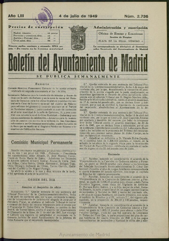 Miniatura de Boletín Oficial del Ayuntamiento de Madrid del 4 de julio de 1949, nº 2736