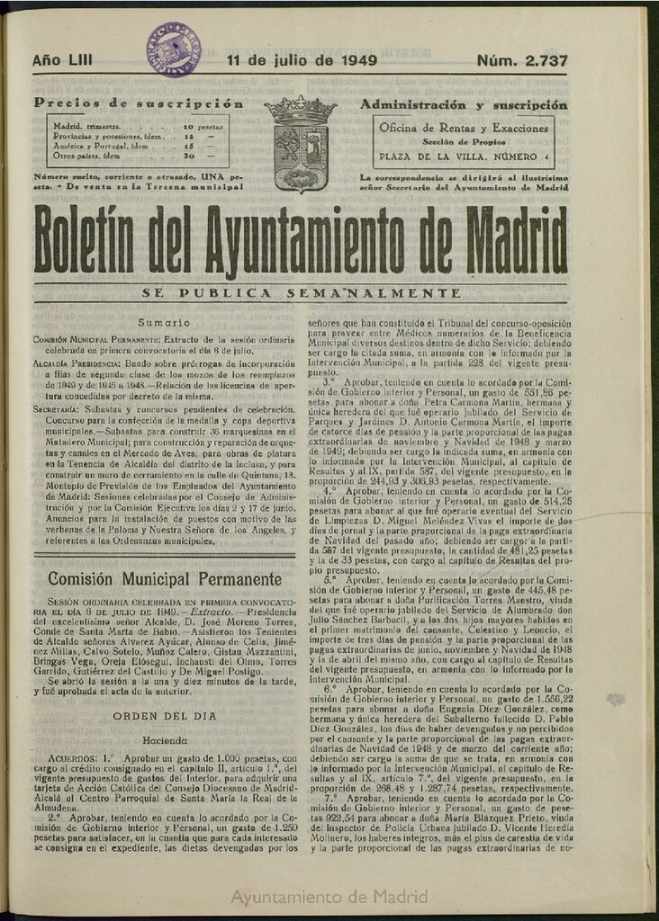 Miniatura de Boletín Oficial del Ayuntamiento de Madrid del 11 de julio de 1949, nº 2737