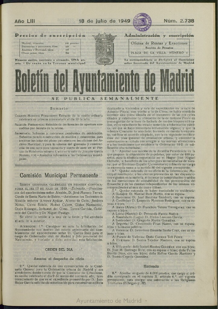 Miniatura de Boletín Oficial del Ayuntamiento de Madrid del 18 de julio de 1949, nº 2738