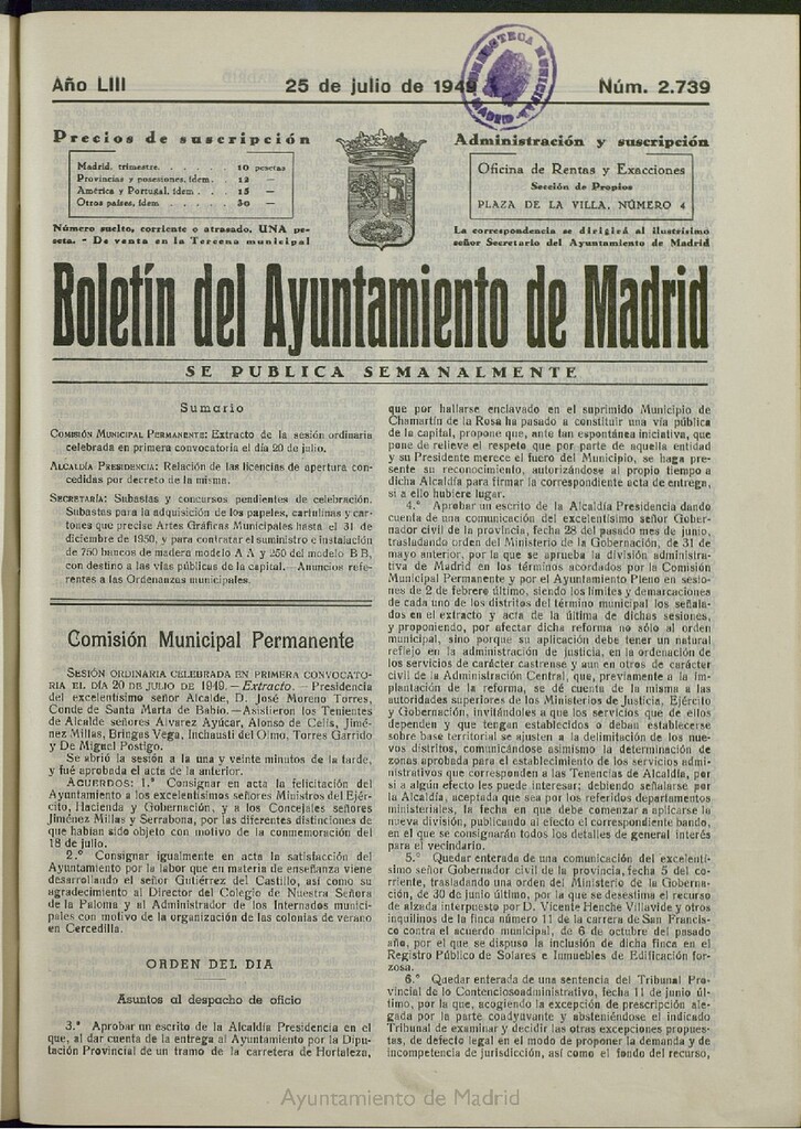 Miniatura de Boletín Oficial del Ayuntamiento de Madrid del 25 de julio de 1949, nº 2739