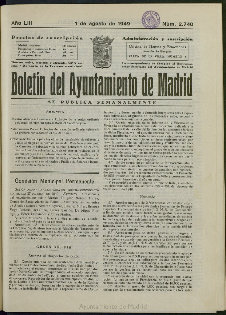 Miniatura de Boletín Oficial del Ayuntamiento de Madrid del 1 de agosto de 1949, nº 2740