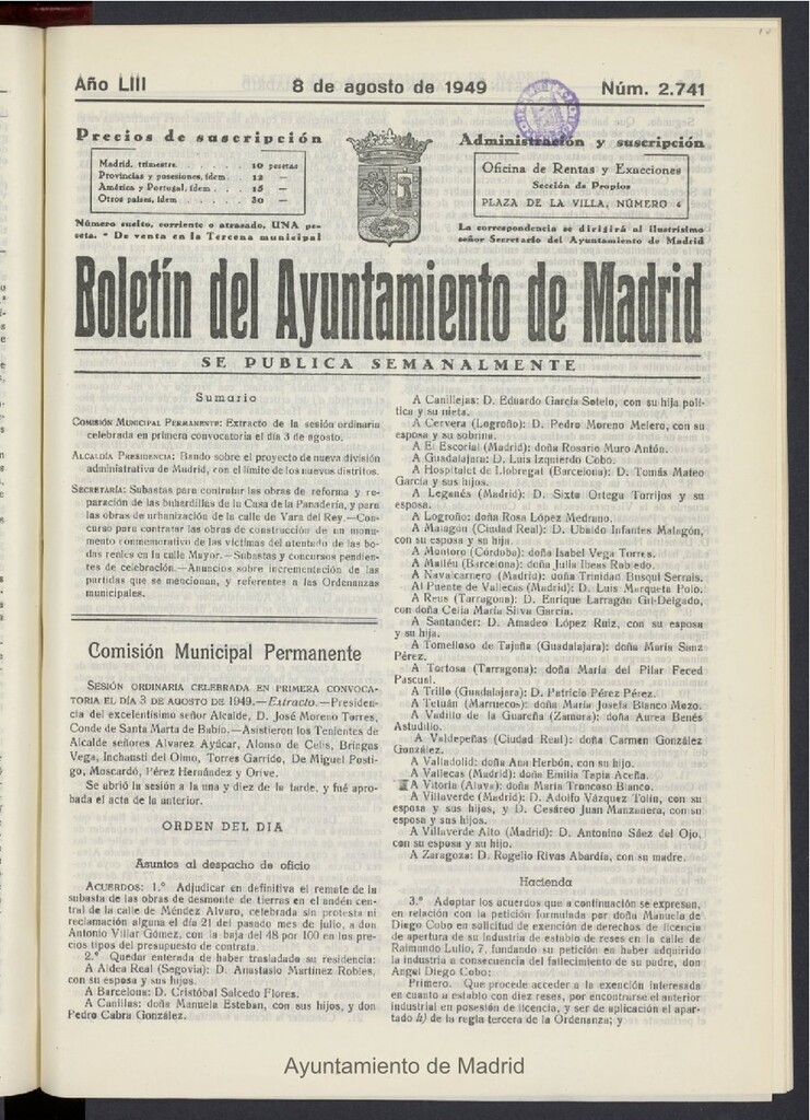 Miniatura de Boletín Oficial del Ayuntamiento de Madrid del 8 de agosto de 1949, nº 2741