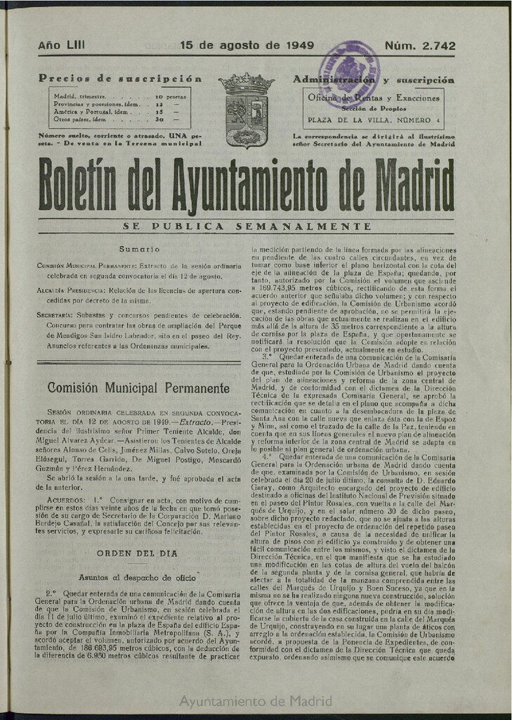 Miniatura de Boletín Oficial del Ayuntamiento de Madrid del 15 de agosto de 1949, nº 2742