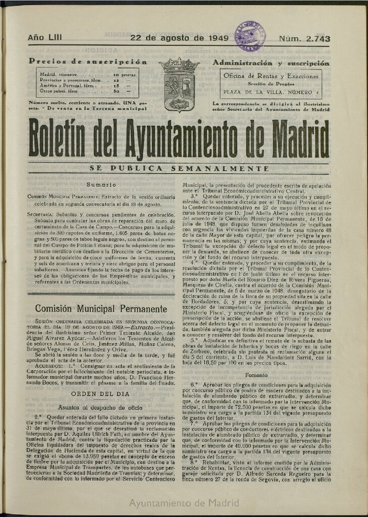 Miniatura de Boletín Oficial del Ayuntamiento de Madrid del 22 de agosto de 1949, nº 2743