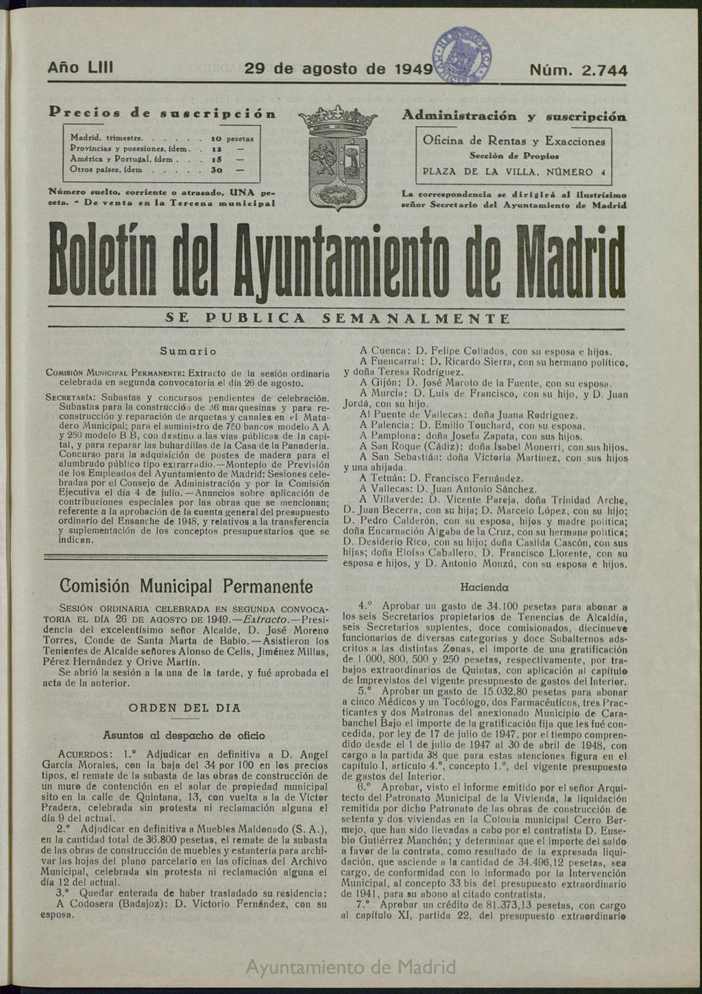 Miniatura de Boletín Oficial del Ayuntamiento de Madrid del 29 de agosto de 1949, nº 2744