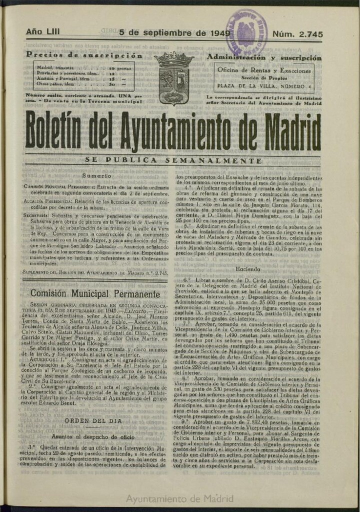 Miniatura de Boletín Oficial del Ayuntamiento de Madrid del 5 de septiembre de 1949, nº 2745