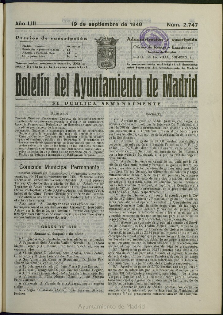 Miniatura de Boletín Oficial del Ayuntamiento de Madrid del 19 de septiembre de 1949, nº 2747