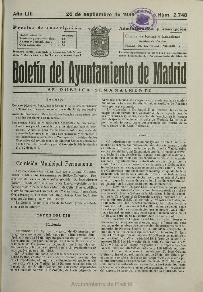 Miniatura de Boletín Oficial del Ayuntamiento de Madrid del 26 de septiembre de 1949, nº 2748