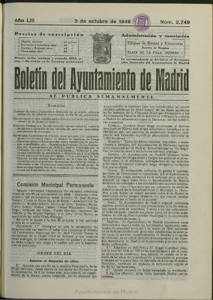Miniatura de Boletín Oficial del Ayuntamiento de Madrid del 3 de octubre de 1949, nº 2749