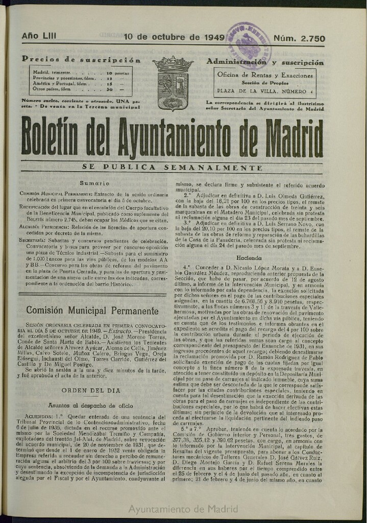 Miniatura de Boletín Oficial del Ayuntamiento de Madrid del 10 de octubre de 1949, nº 2750