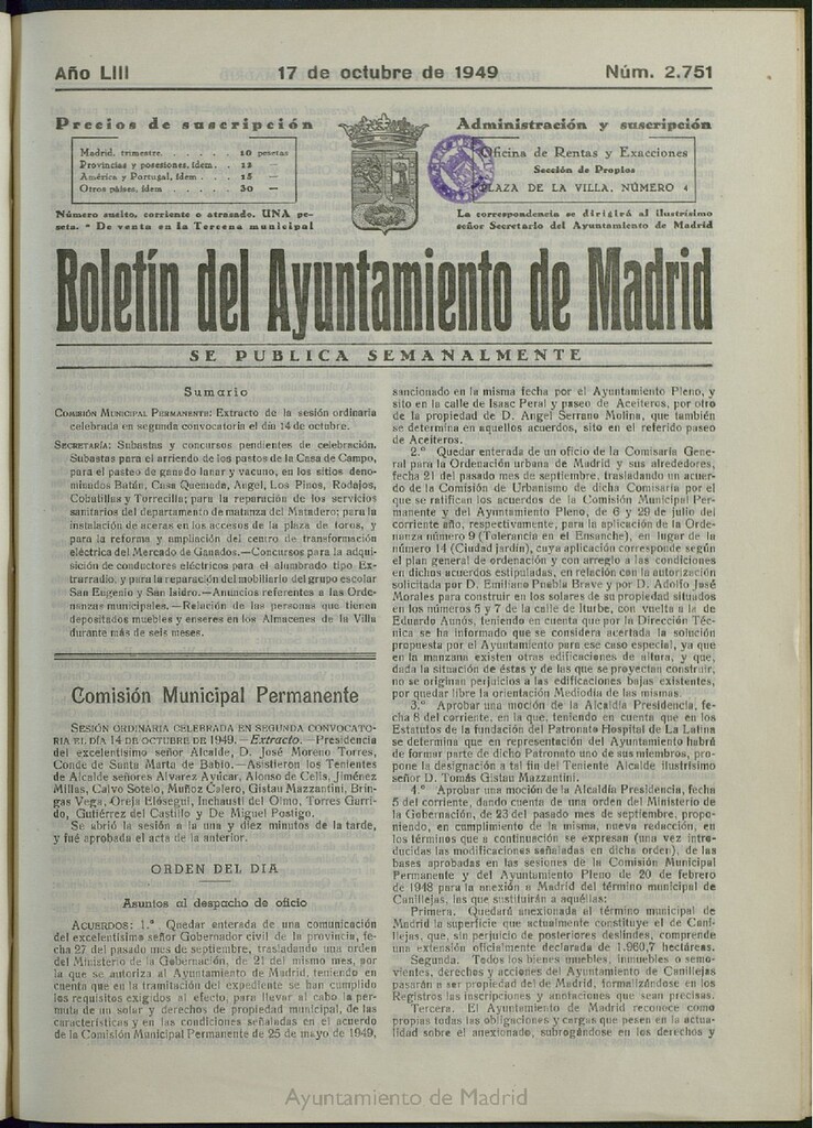Miniatura de Boletín Oficial del Ayuntamiento de Madrid del 17 de octubre de 1949, nº 2751