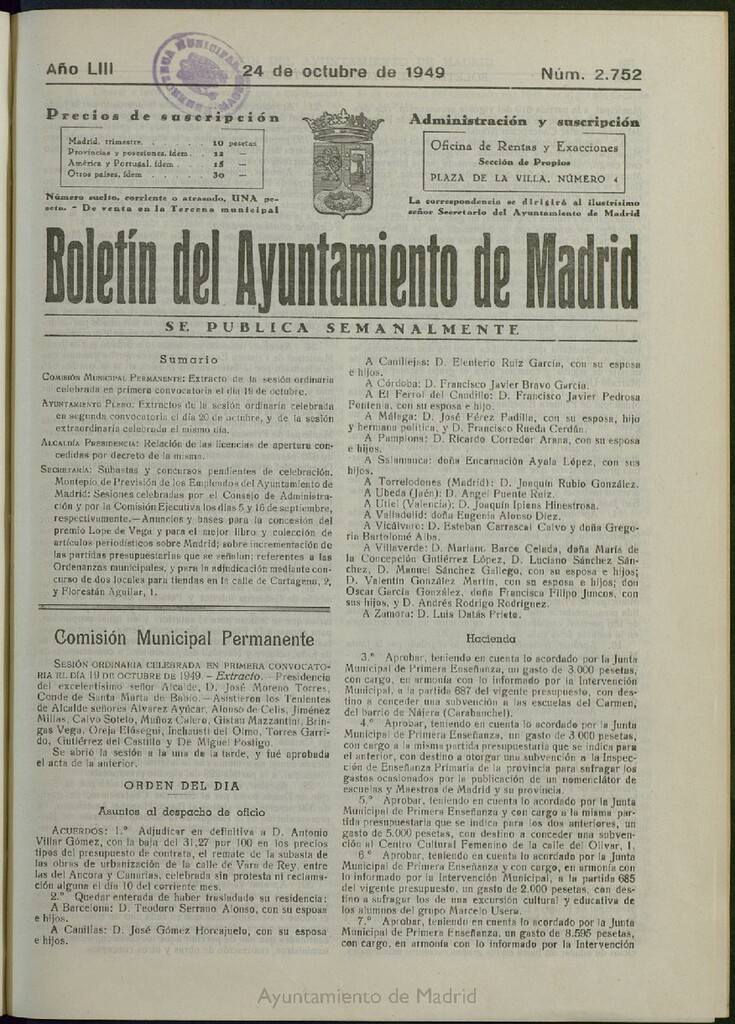 Miniatura de Boletín Oficial del Ayuntamiento de Madrid del 24 de octubre de 1949, nº 2752
