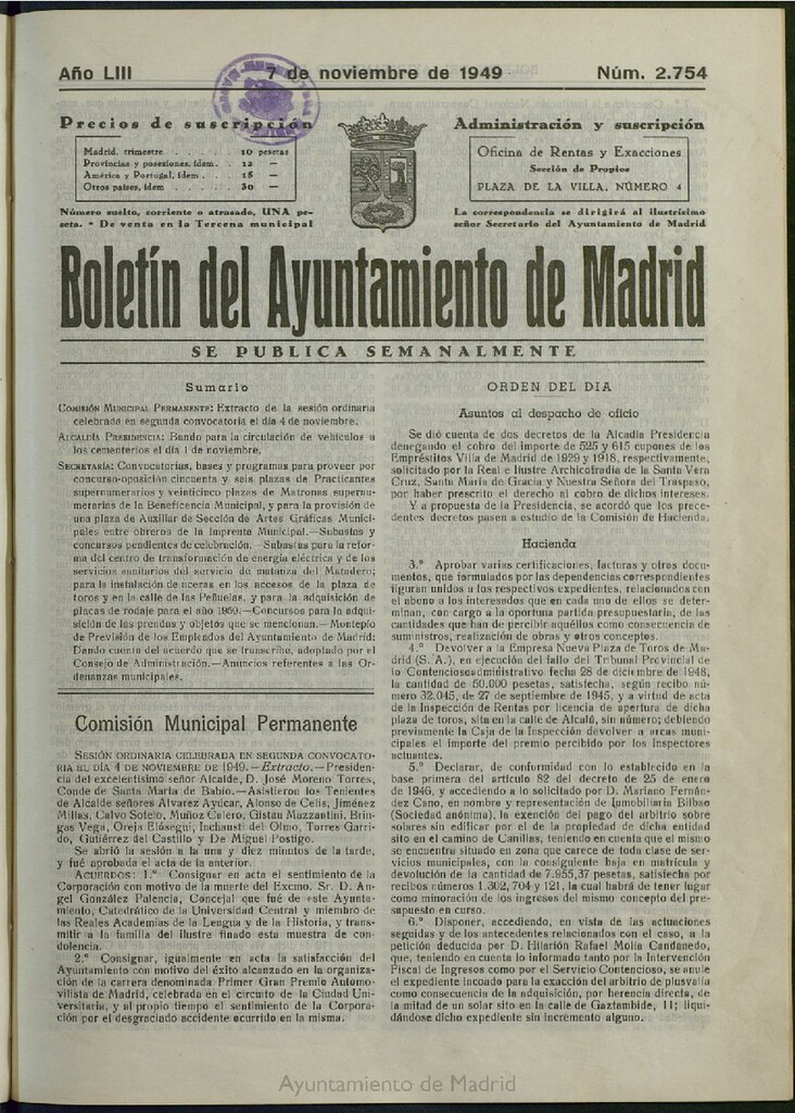 Miniatura de Boletín Oficial del Ayuntamiento de Madrid del 7 de noviembre de 1949, nº 2754