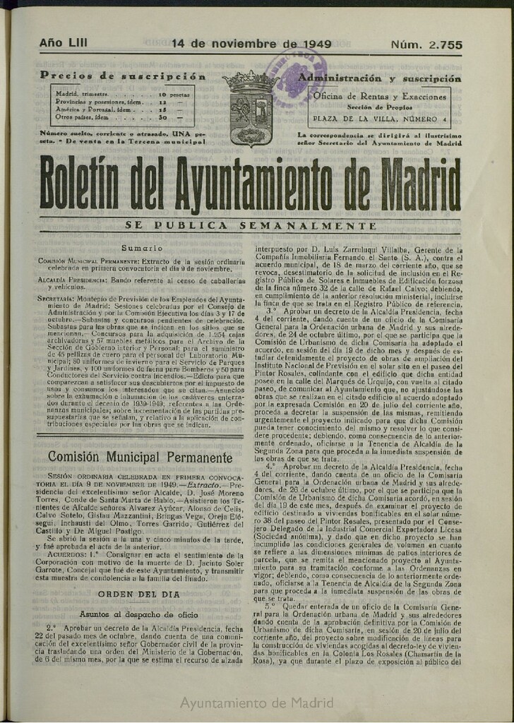 Miniatura de Boletín Oficial del Ayuntamiento de Madrid del 14 de noviembre de 1949, nº 2755