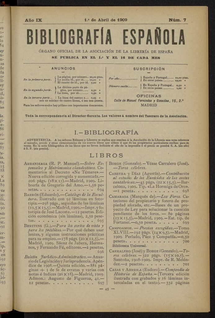 Miniatura de Bibliografía Española del 1 de abril de 1909