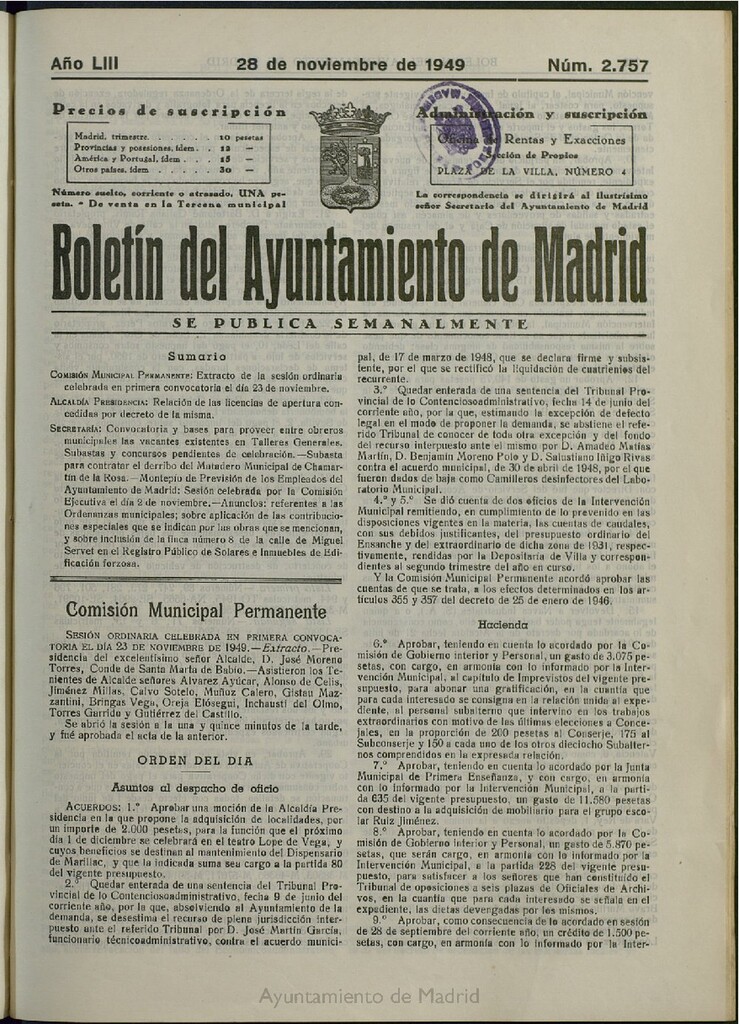 Miniatura de Boletín Oficial del Ayuntamiento de Madrid del 28 de noviembre de 1949, nº 2757