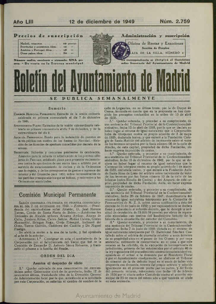 Miniatura de Boletín Oficial del Ayuntamiento de Madrid del 12 de diciembre de 1949, nº 2759