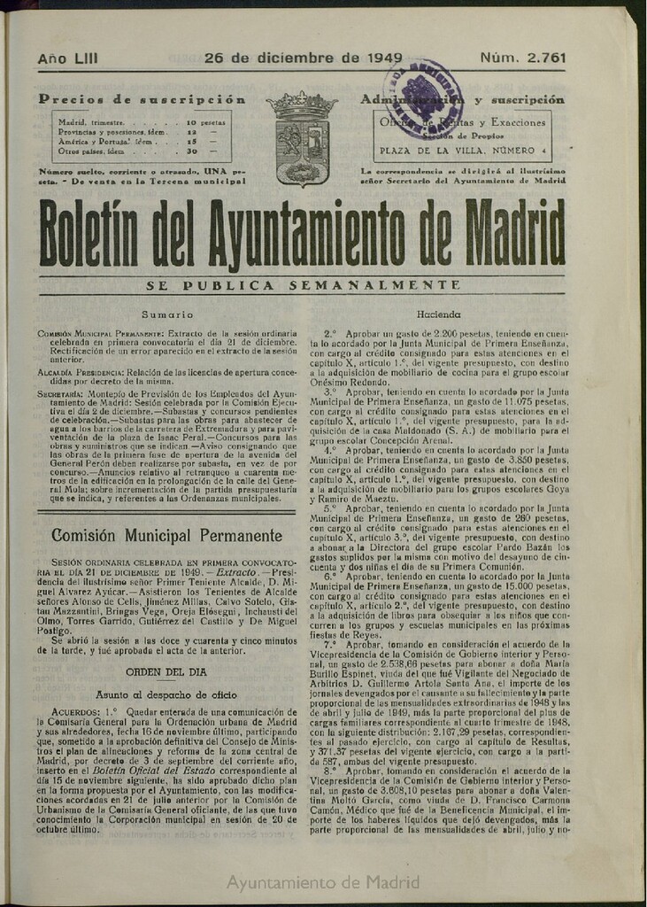 Miniatura de Boletín Oficial del Ayuntamiento de Madrid del 26 de diciembre de 1949, nº 2761