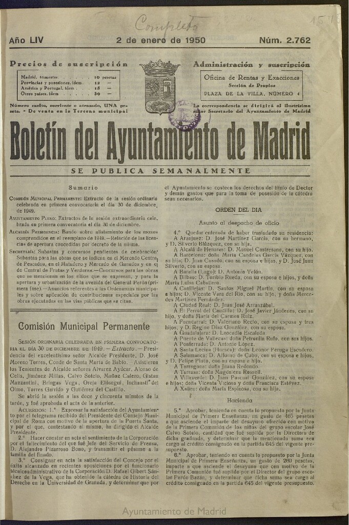 Miniatura de Boletín Oficial del Ayuntamiento de Madrid del 2 de enero de 1950, nº 2762