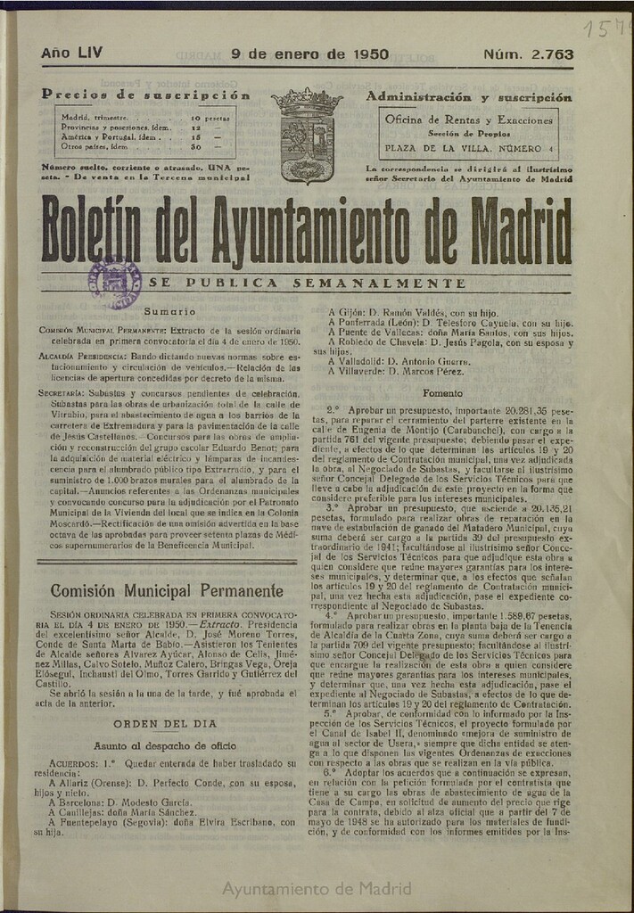 Miniatura de Boletín Oficial del Ayuntamiento de Madrid del 9 de enero de 1950, nº 2763