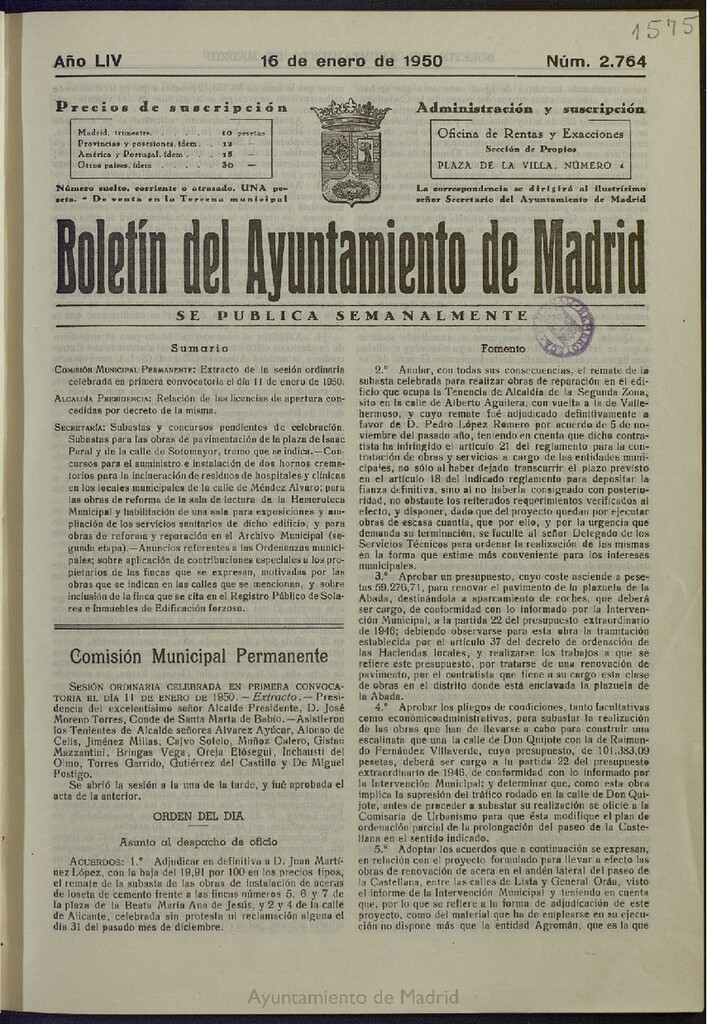 Miniatura de Boletín Oficial del Ayuntamiento de Madrid del 16 de enero de 1950, nº 2764