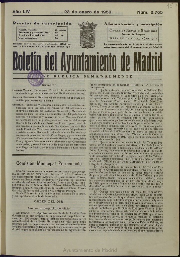 Miniatura de Boletín Oficial del Ayuntamiento de Madrid del 23 de enero de 1950, nº 2765