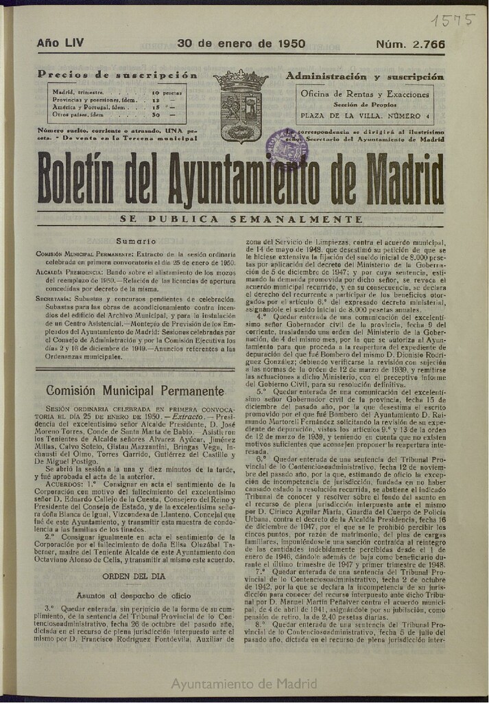 Miniatura de Boletín Oficial del Ayuntamiento de Madrid del 30 de enero de 1950, nº 2766
