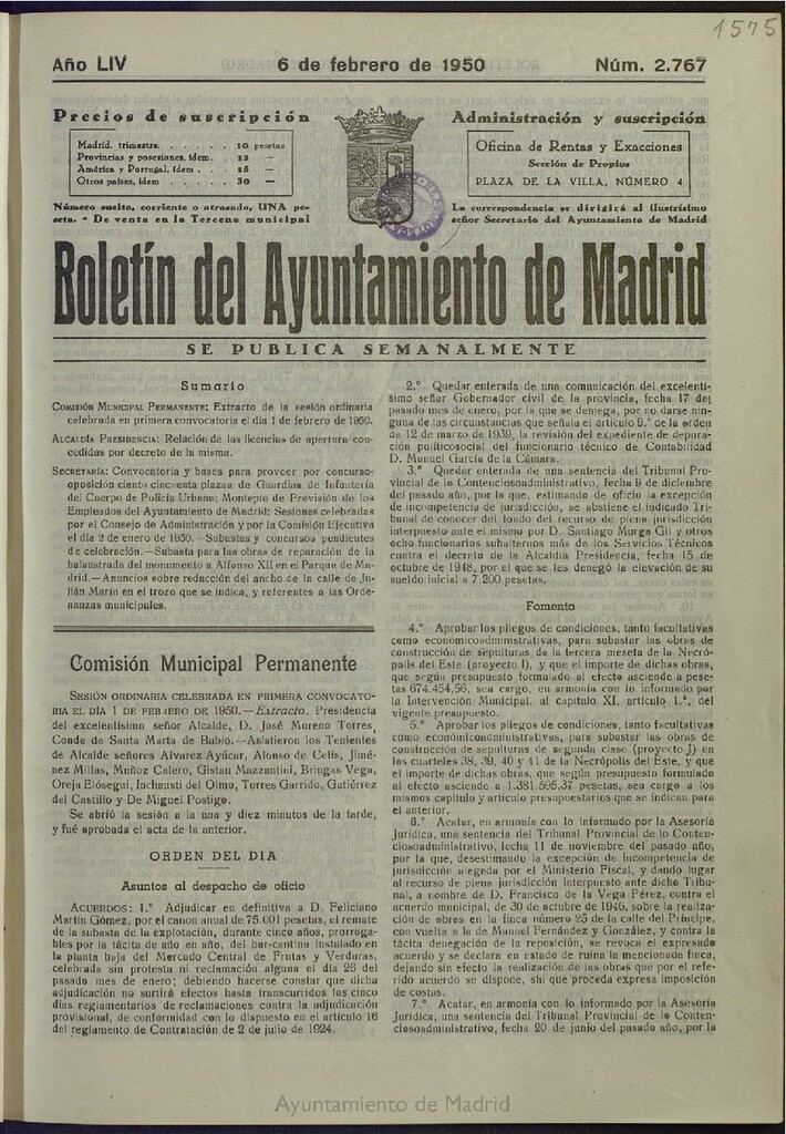 Miniatura de Boletín Oficial del Ayuntamiento de Madrid del 6 de febrero de 1950, nº 2767
