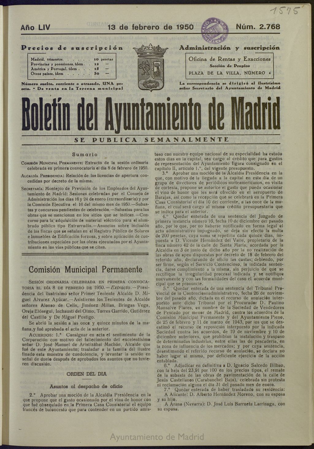 Miniatura de Boletín Oficial del Ayuntamiento de Madrid del 13 de febrero de 1950, nº 2768