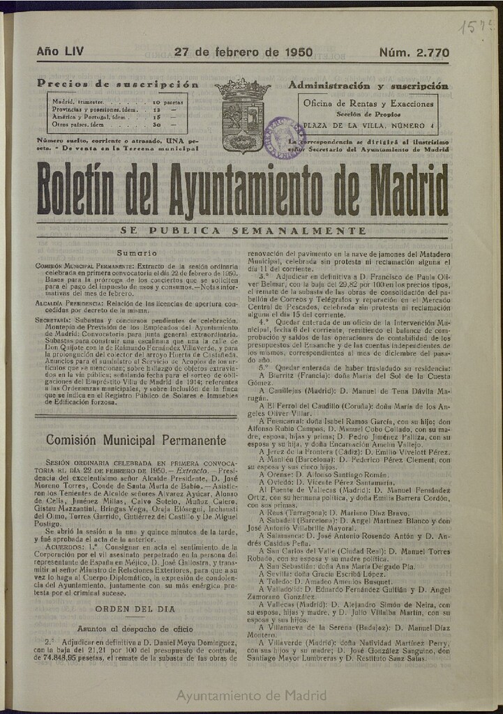 Miniatura de Boletín Oficial del Ayuntamiento de Madrid del 27 de febrero de 1950, nº 2770
