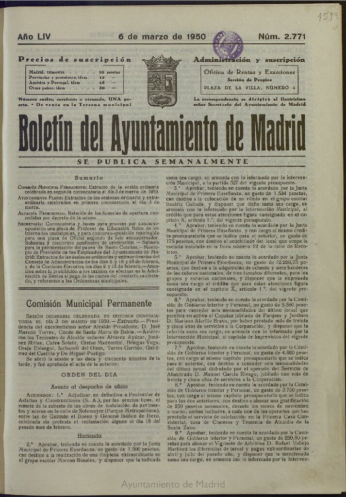 Miniatura de Boletín Oficial del Ayuntamiento de Madrid del 6 de marzo de 1950, nº 2771